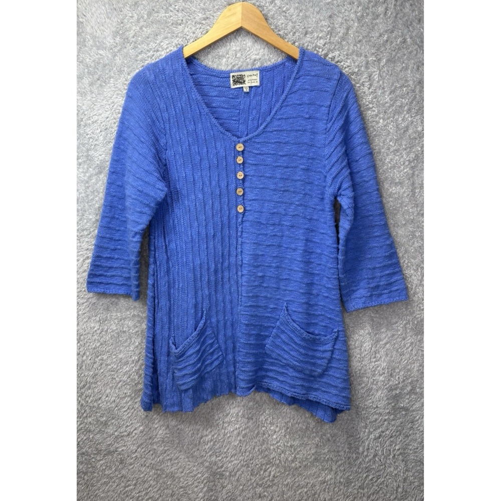 Habitat Womens S Blue Cotton Tunic Sweater Textured Knit Pockets Lagenlook Boho